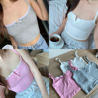 Duex Studio -**พร้อมส่ง**Eden crop top สายเดี่ยวลูกไม้ผ้าร่องนิ่มมาก