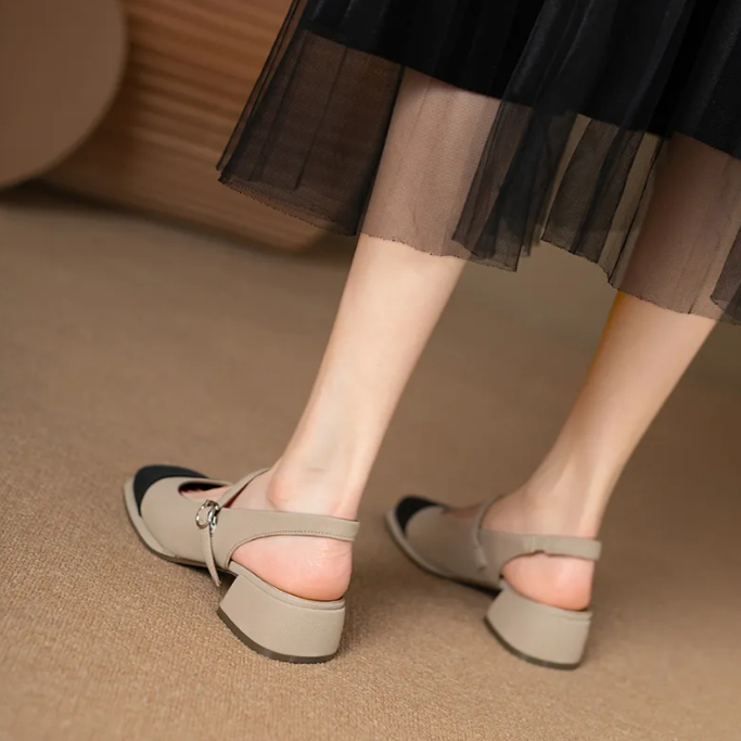 รองเท้าแตะผู้หญิง-รองเท้าแตะหัวเหลี่ยม-สูง1-2นิ้ว-รัดข้อทรงสวยคุณหนูมากแฟชั่นเกาหลีดีไซน์น่ารัก