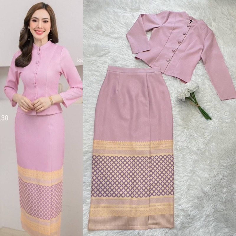 ชุดจิตรลดาแขนยาวสีชมพูลายการบินไทย ผ้าอัดกาว กระชับสวยปัง มีไซส์ถึง4XL มุมมองที่ 6