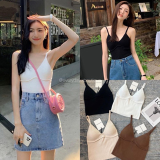 V KNIT TANK TOP🤍🤎🖤(320฿ฟรีส่ง) เสื้อสายเดี่ยวคอวี สายหลังปรับได้3ระดับ ผ้านิตเนื้อดีมากกยืดหยุ่น ไม่บาง เก็บทรงสวย valen