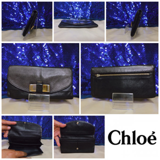 👝: CHLOE BLACK LEATHER PORTEFEUILLE RIBBON WALLET แท้💯%