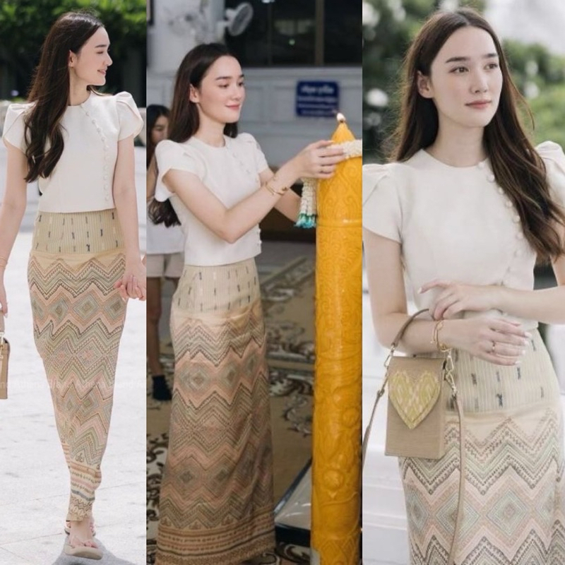 ชุดไทยใส่งานบุญสีขาวครีม ขายดี! ผ้าดี ทรงสวย ดูดีทุกงาน