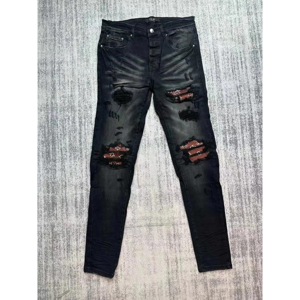 23SS amiri black jeans nudie jeans Men's jeans with ripped black ripped