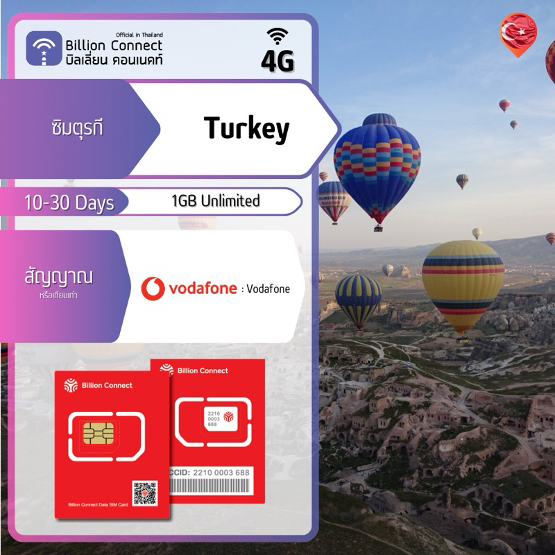 Turkey Sim Card Unlimited 1GB Daily สัญญาณ Vodafone ซิมตุรกี 1030 วัน by ซิมต่างประเทศ Billion
