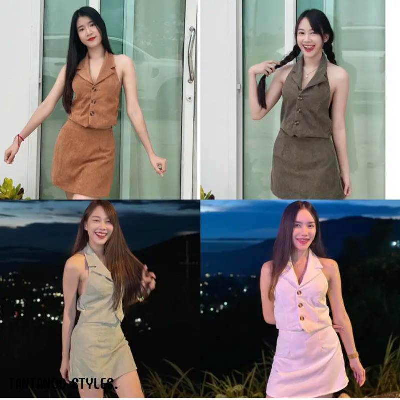 ชุดเซตคอปก เว้าหลัง กระโปรงกางเกง