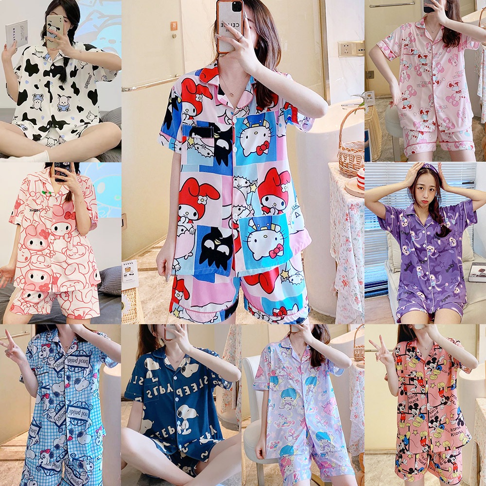 ชุดนอนผู้หญิง ชุดนอนคอปก ชุดนอนลายการ์ตูน ผ้าคอตตอน เสื้อแขนสั้น+กางเกง ...
