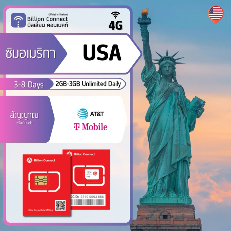 USA Sim Card Unlimited 2GB3GB Daily สัญญาณ AT&T/Tmobile ซิมอเมริกา 3
