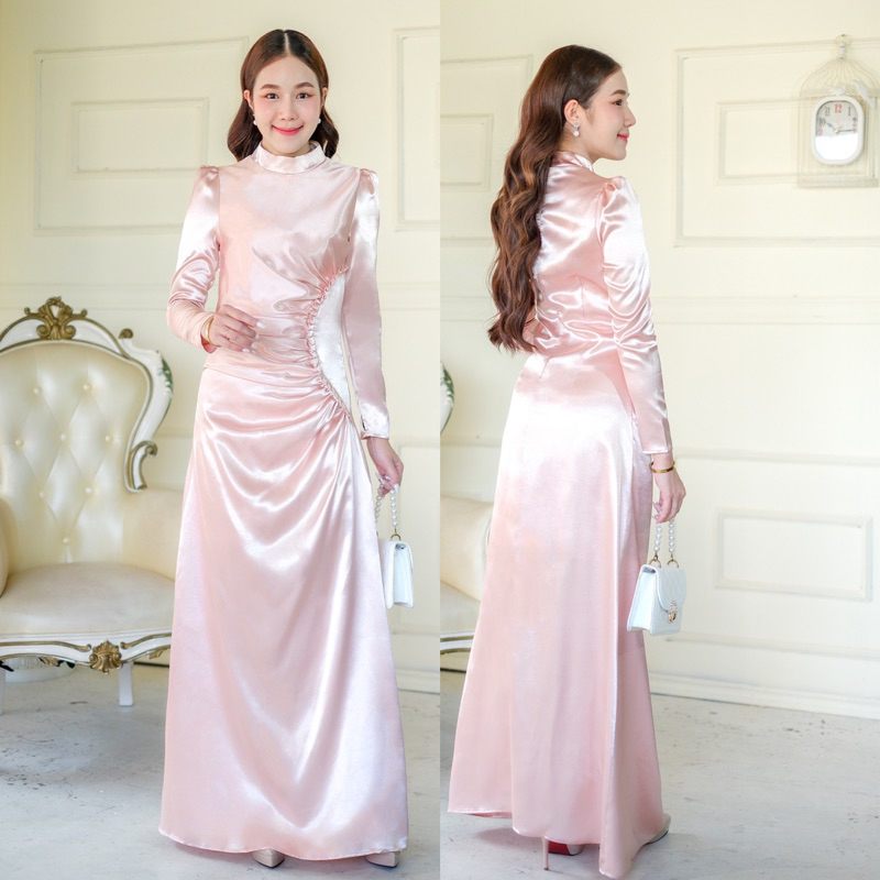 ชุดราตรีอิสลาม FN4209 คอปีนแขนยาว ทรงวินเทจ เดรสเพื่อนเจ้าสาว LUXURY707 มุมมองที่ 5