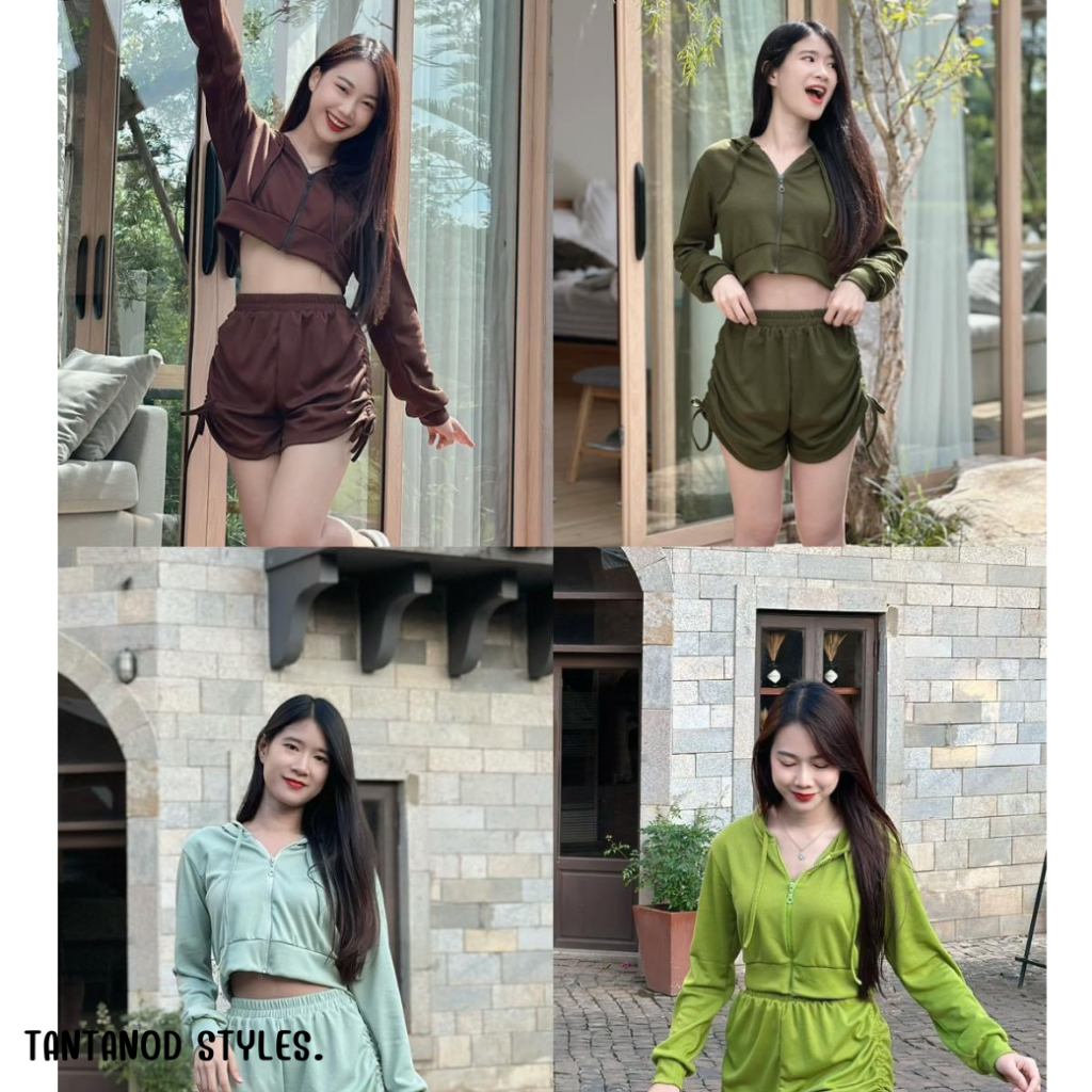 ชุดเซต เสื้อฮู้ดแขนยาว กางเกงขาสั้นรูดข้าง ผ้ารังผึ้ง รุ่น Honey