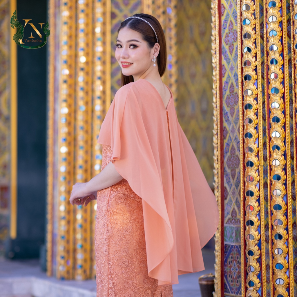 เดรสลูกไม้ใยบวบซีฟองปีกผีเสื้อ สีพีช ไปวัด ออกงาน ทรงสวย พรางหุ่น มุมมองที่ 4