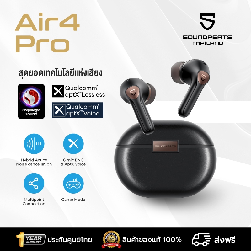 SoundPEATS Air4 Pro หูฟังไร้สาย Gaming หูฟังบลูทูธ 5.3 ANC (45dB)