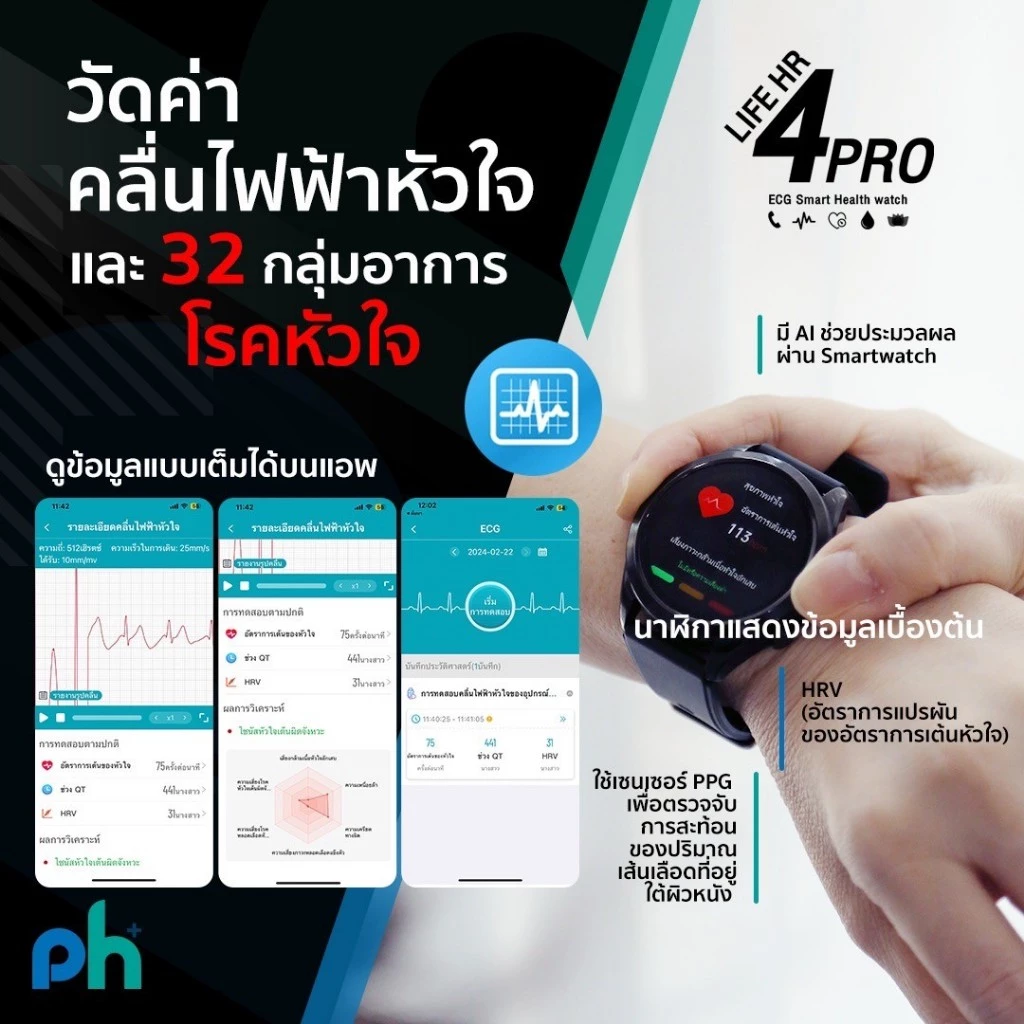 Pure Health PH Life HR4 Pro นาฬิกาวัดความดัน ไขมัน น้ำตาลในเลือด กรดยูริค คลื่นไฟฟ้าหัวใจ ECG รับสายโทรออก พร้อมระบบ SOS