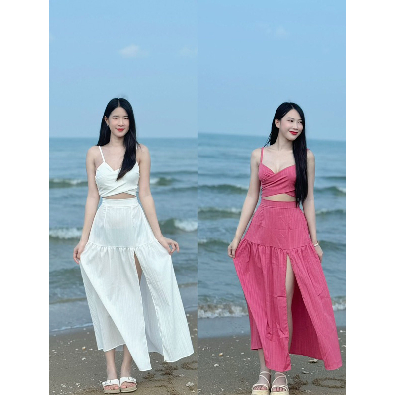 ชุดเซต เสื้อสายเดี่ยวไขว้หน้า กระโปรงแหวกข้าง รุ่น Rosy