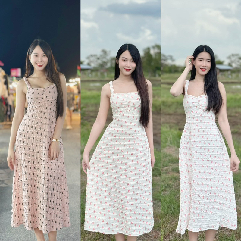เดรสสายเดี่ยวลายโบว์ กระโปรงยาว