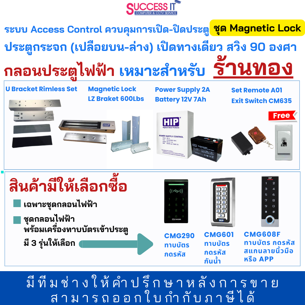 ชุดกลอนควบคุมการเปิด-ปิดประตู Magnetic Lock ประตูกระจก (บานเปลือยบน ...