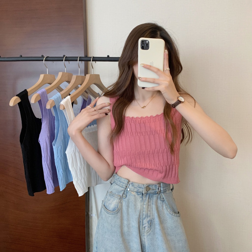 เสื้อไหมพรมแขนกุด ใส่สบาย ครอปเอวลอย ลายริ้ว น่ารัก | Shopee Thailand