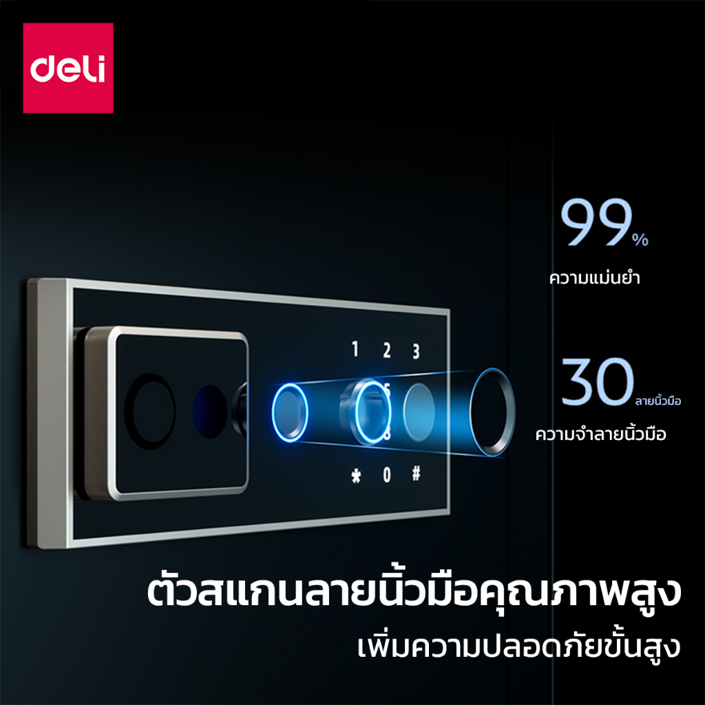 Deli รุ่น AE800, AE801, AE802, AE803 ตู้เซฟนิรภัยสแกนลายนิ้วมือ กันไฟ ระบบดิจิตอล แผงประตูหนาพิเศษ มอบความปลอดภัยสูงสุดให้ทรัพย์สินของคุณ