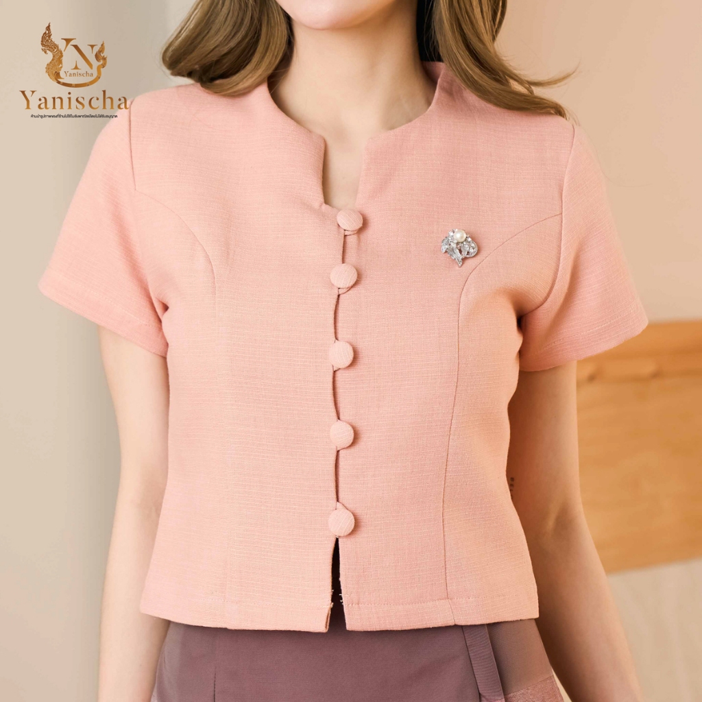 Yanischa Dress ชุดออกงานผ้าฝ้ายชินมัย สีพีช ใส่แล้วผอม ไปวัด งานบุญ พร้อมส่ง มุมมองที่ 5