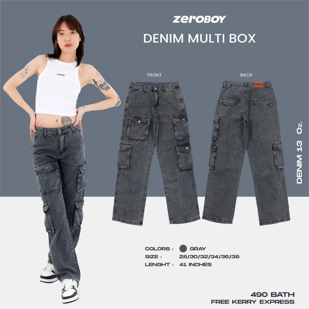 ZEROBOY - DENIM MULTI BOX กางเกงยีนส์ทรงคาร์โก้ 6 กระเป๋า ใส่ได้ทั้งผู้ชาย และ ผู้หญิง สีฟ้า สีเทา สีดำ https://wayoza.com