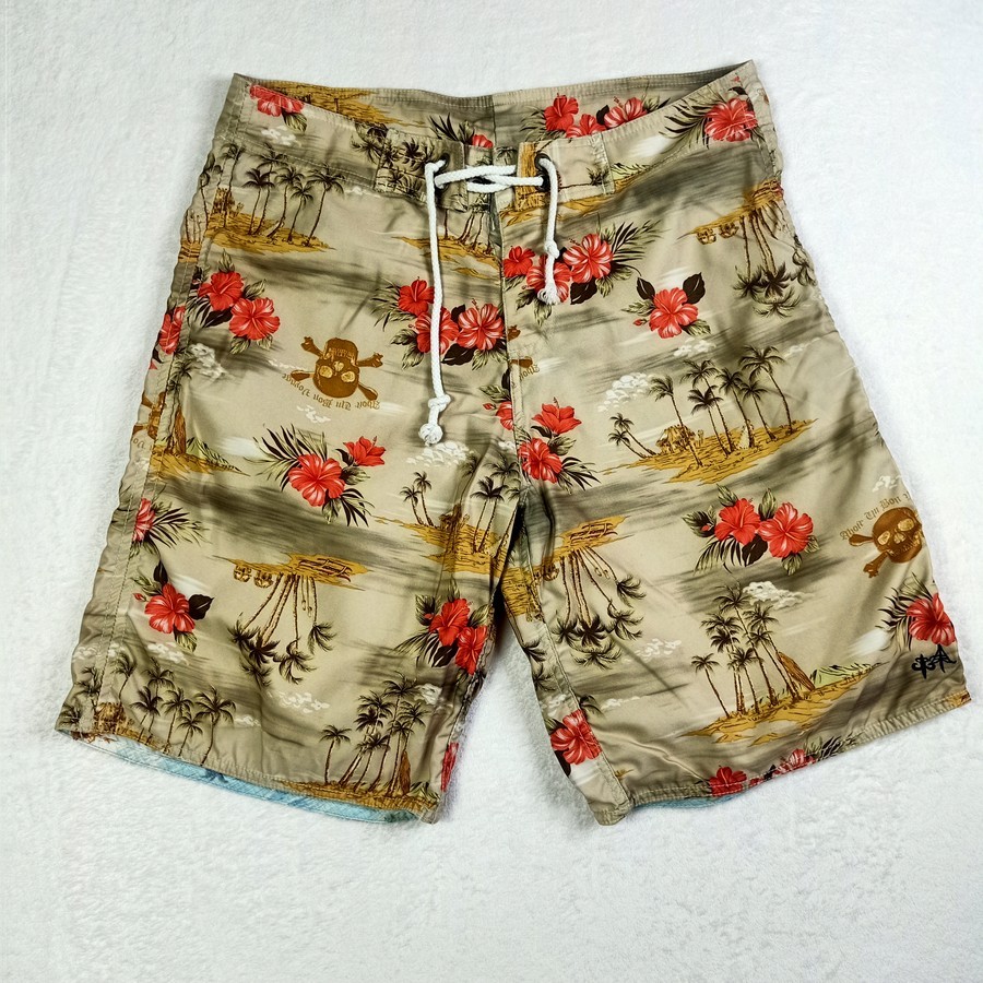 กางเกงชายหาด ลายกระโหลก Aqua Men's Board Shorts Skull Floral Print Sz ...