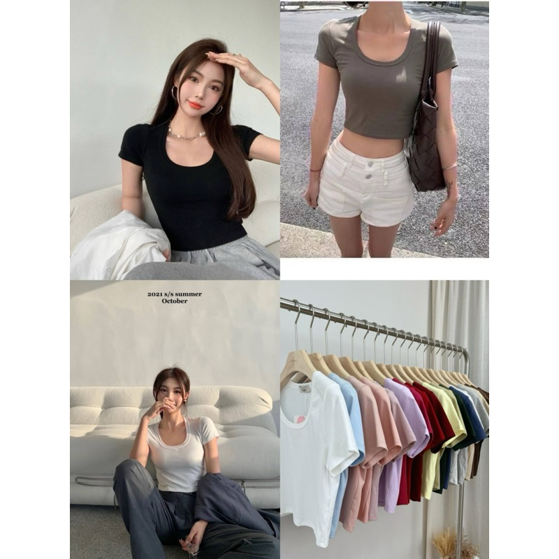 เสื้อยืดครอปทรงคอยูผ้ายืดเด้ง(พร้อมส่ง) | Shopee Thailand