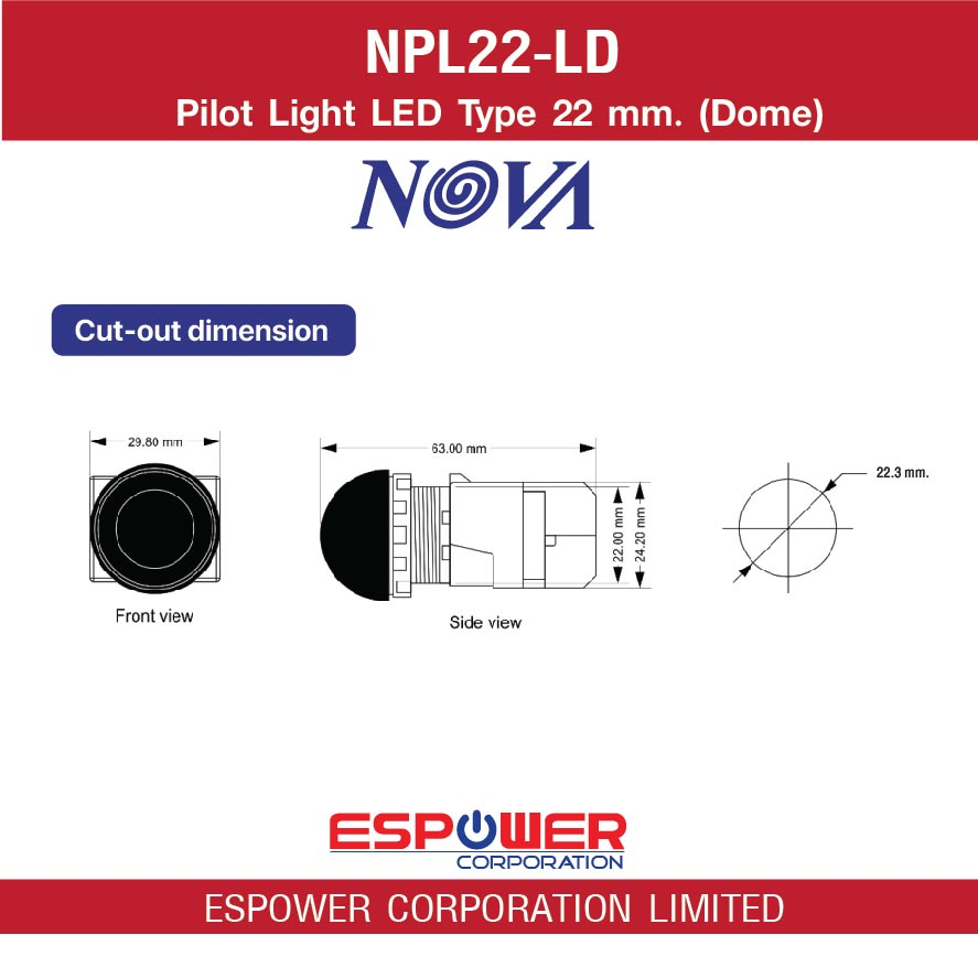 nova-npl22-led-pilot-light-22-mm-ไพล็อตแลมป์-ไพล็อตไลท์-ไฟแสดงสถานะ-ขนาด-22-มิลลิเมตร-เปลี่ยนไส้หลอดได้-รุ่นโดม