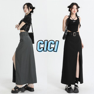 Cici(NO.2633)กระโปรงยาวทรงเอผ้าโพลีเอสเตอร์ ดีเทลผ่าข้างสูงชิคๆ ใส่แล้วดูขายาวสุดๆ(แถมเข็มขัดหนัง)