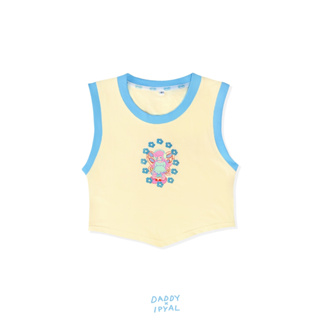 DADDY | IPYAL x Daddy Fairy Ring Top เสื้อกล้ามครอปท็อป สกรีนผสมกากเพชร สีเหลืองกุ๊นแต่งสีฟ้า