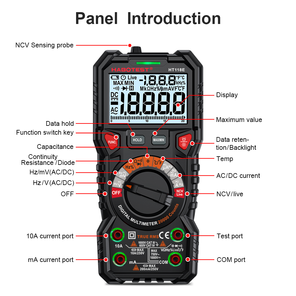 มาถึงภายใน-3-วัน-habotest-ht118e-ดิจิตอลมัลติมิเตอร์แบบสมาร์ท-6000-count-auto-range-1000v-10a-6000-count-true-rms