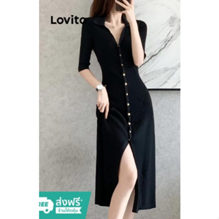 Lovito ชุดเดรส สเวตเตอร์ แขนยาว แต่งผ่า กระดุมหน้า สีพื้น สไตล์สง่า สำหรับผู้หญิง LNA08056 (สีดำ)