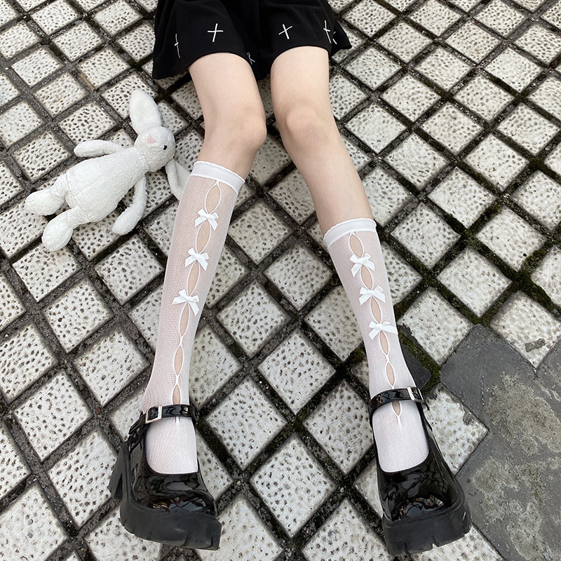 ถุงเท้าสไตล์ญี่ปุ่นโลลิต้า-สำหรับผู้หญิงเด็ก-ถุงเท้าตาข่ายjkถุงเท้าผู้หญิงยาวโบว์