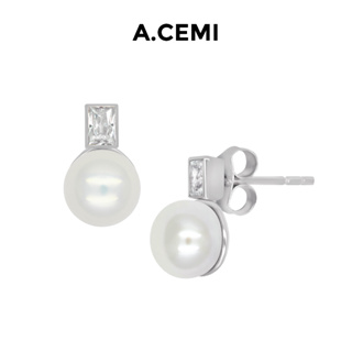 A.CEMI Baguette Pearl Stud Earring ต่างหูมุกแท้ ต่างหูเงินแท้ ชุบทอง 18K โรสโกลว์ ต่างหูดีไซน์