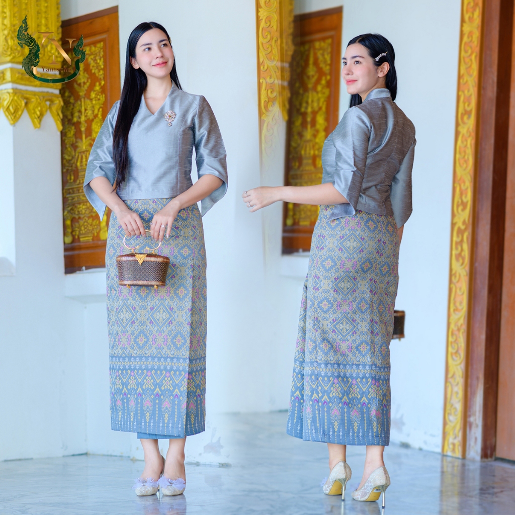 ชุดออกงานไหมแพรทิพย์ สีเงินมงคล ไปวัด ทำบุญ ดูผอม ไซส์ M-4XL พร้อมส่ง