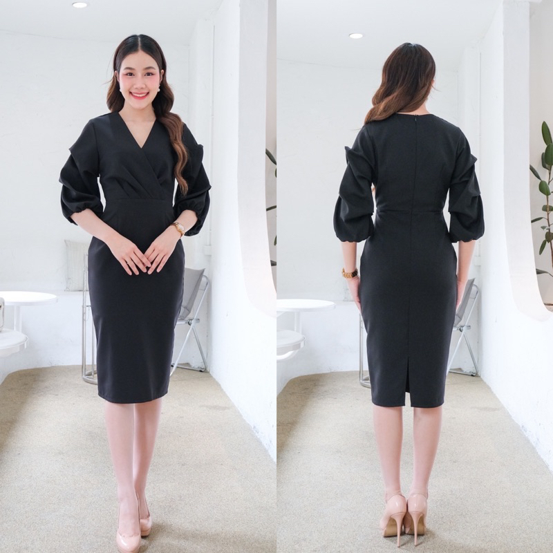 LX4105 เดรสคอวีแขนพอง เนื้อผ้าเกาหลีหรู ใส่ไปงานแต่ง-ออกงาน ไซส์ S-3XL มุมมองที่ 5