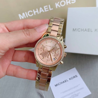 (ผ่อน0%) นาฬิกา  MICHAEL KORS MK6475 Ritz Rose Gold Dial Ladies Chronograph Watch 🌼🌸สายสแตนเลสทูโทน สีโรสโกลด์-ทอง