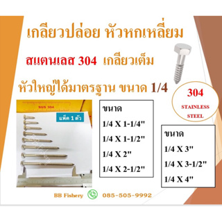 เกลี่ยวปล่อยหัวหกเหลี่ยม  สแตนเลส 304 ขนาด 1/4 เกลียวเต็ม หัวใหญ่ได้มาตรฐาน  จำนวน 1 ตัว