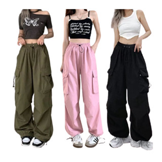 โปรโมชั่น Flash Sale : มีทั้งหมด12สี กางเกงเอวสูง กางเกงคาร์โก้ผู้หญิง กระเป๋าตรง 2ใบ มีเชือกที่เอว #150154