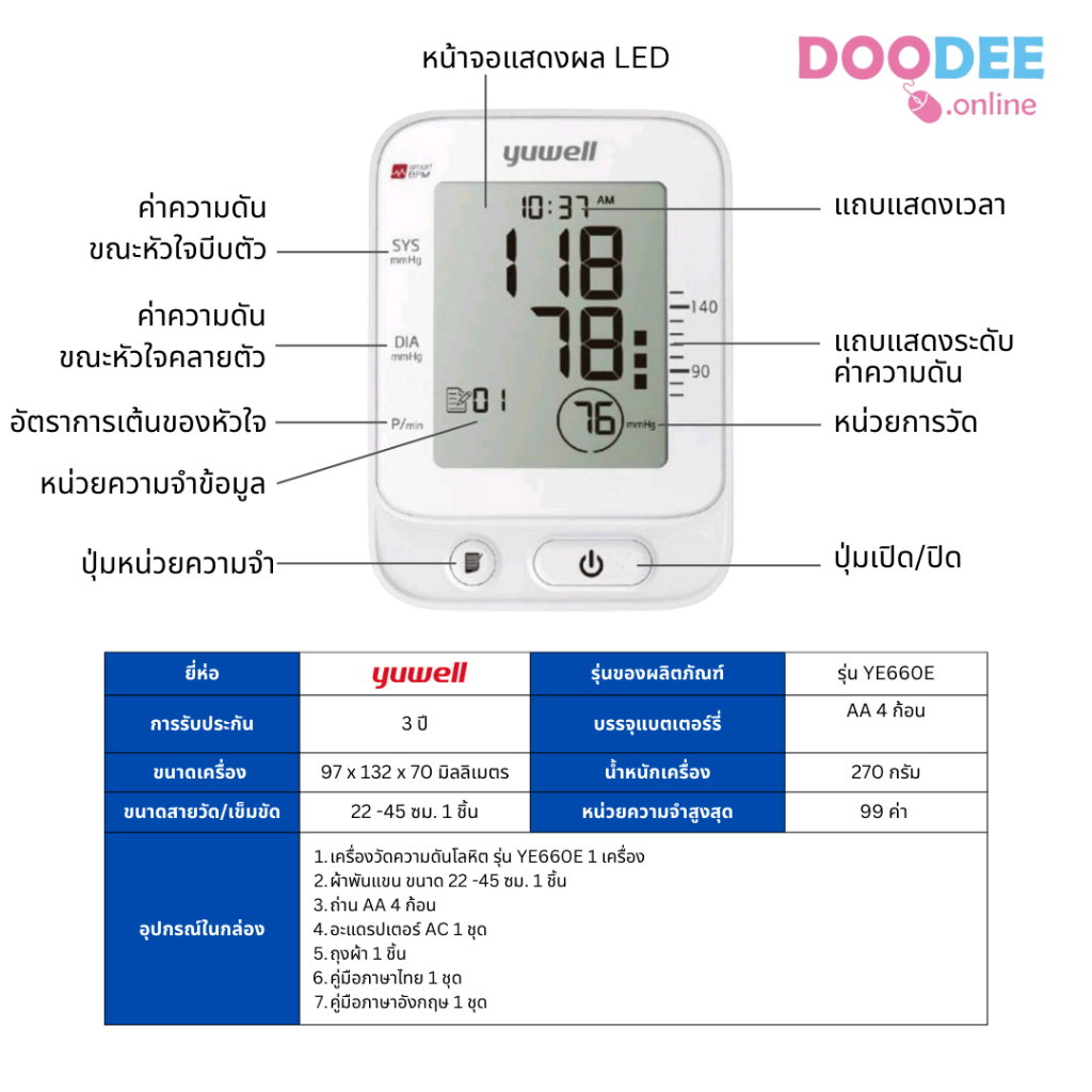 เครื่องวัดความดัน-yuwell-รุ่น-ye660e-รับประกัน3ปี-พูดไทยได้-พันแขนใหญ่-แถมอะแดปเตอร์