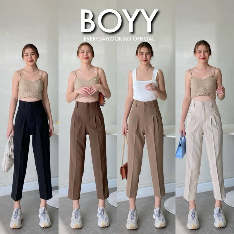 พร้อมส่ง-กางเกงทรงบอย8ส่วน-ผ้าเปเป้a80ยืดหยุ่นกำลังดี-กางเกงทำงานเอวสูงพรางหุ่นใส่สบาย-ใส่ได้ทุกโอกาส