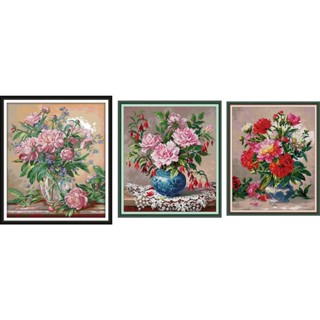 ชุดปักครอสติช แจกัน ดอกไม้ กุหลาบ โบตั๋น (Flower vase, rose, peony Cross stitch kit)