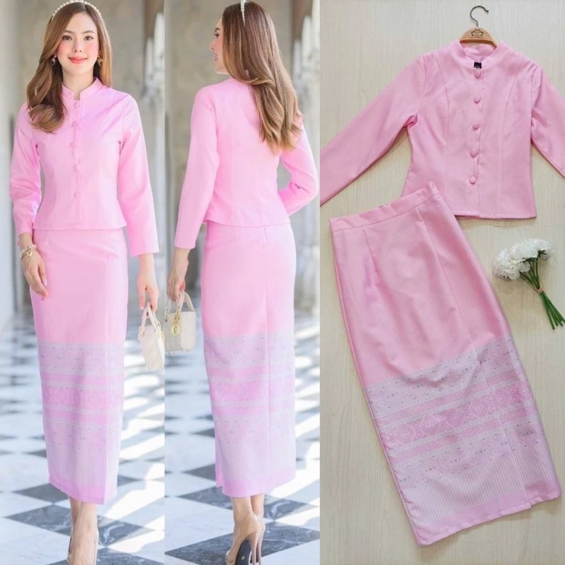 ชุดไทยจิตรลดาสีม่วง ผ้าอัดกาว พรางพุง สวยหรู ใส่สบาย งานบุญ งานแต่ง ไซส์ S-4XL มุมมองที่ 5
