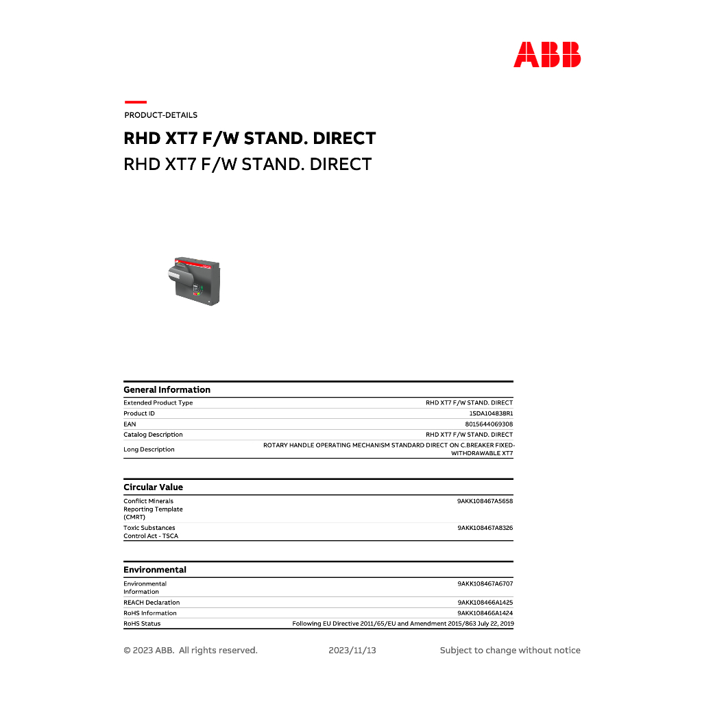 ABB ลูกบิดมือหมุนติดหน้าตู้ RHD XT7 Normal Direct Rotary Handle ...