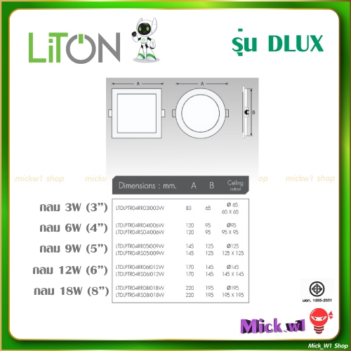 Liton โคมดาวน์ไลท์ ฝังฝ้า ทรงกลม PANEL LIGHT รุ่น DLUX รุ่นบาง 3W 6W 9W ...