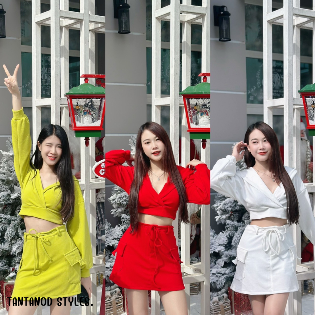 ชุดเซต เสื้อฮู้ดปาดหน้าแขนยาว กระโปรงคาร์โก ผ้าวูลเวฟ รุ่น Crazy