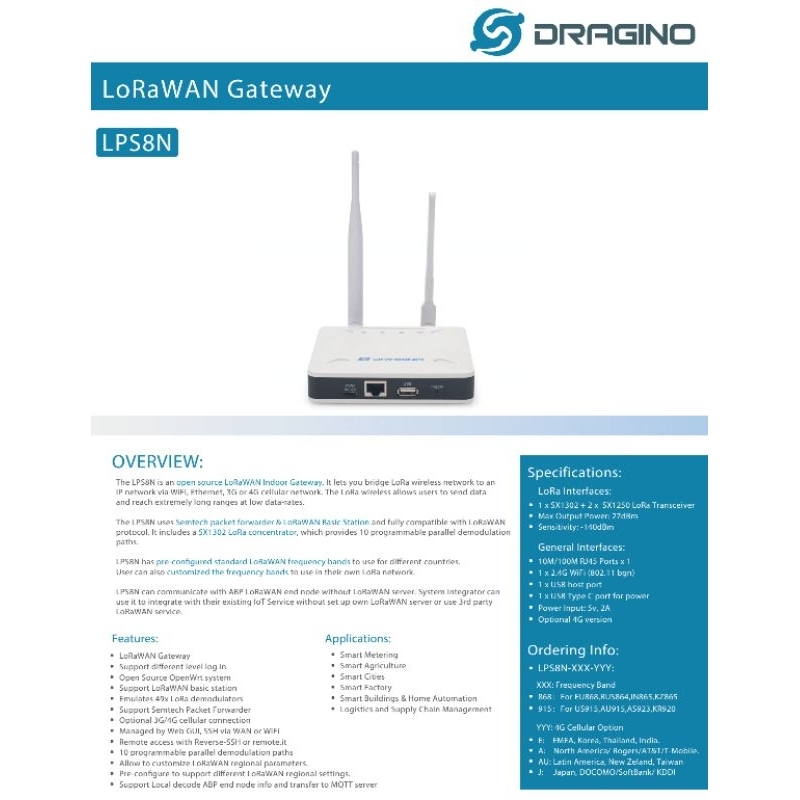 Dragino LoRaWAN Multichannel Gateway LPS8N รุ่น 4G มีของพร้อมส่ง ส่งไว ...