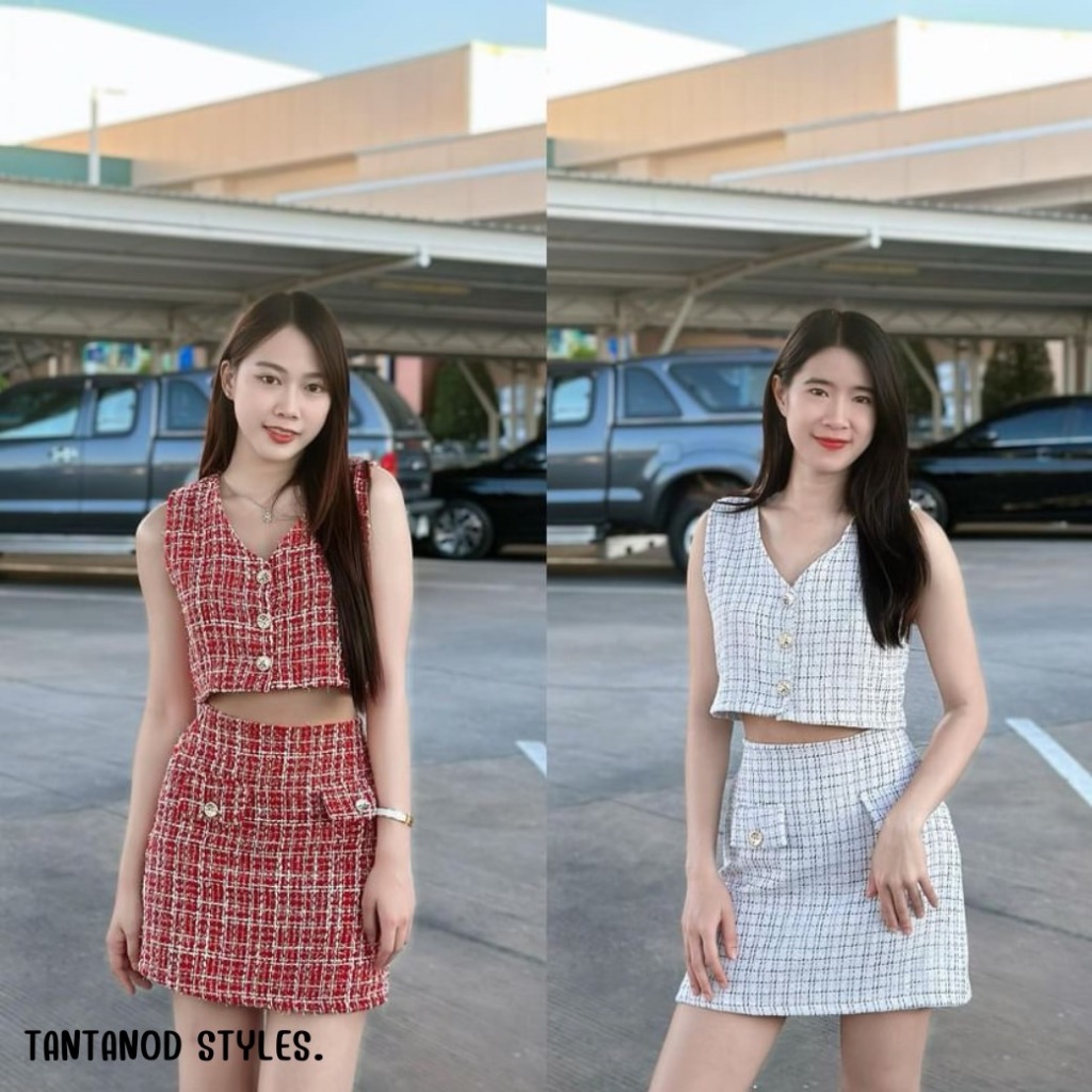 ชุดเซต เสื้อแขนกุดคอวี กระโปรงทรงเอ ผ้าทวิต รุ่น Lusty