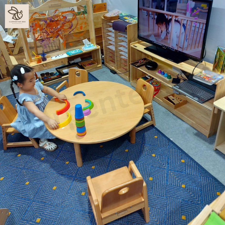 Kid Wooden Round Table Height adjustable 8m-5y/ โต๊ะไม้เด็กทรงกลม พรีเ ...