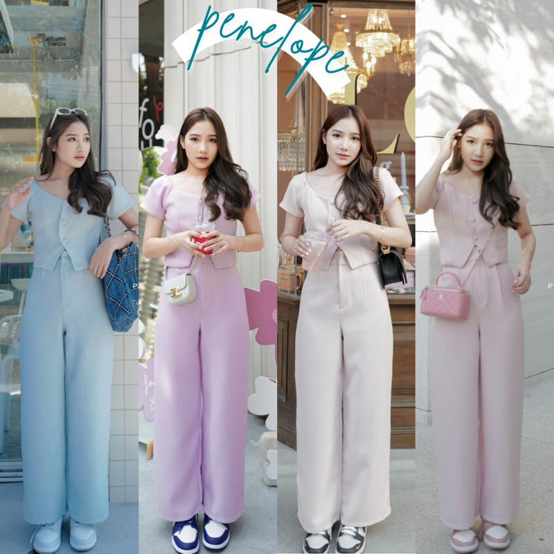 PENELOPE SET - SHP_HAPPY ชุดเซทเสื้อแขนสั้นและกางเกงขายาวผ้าทวิตแบบ ...