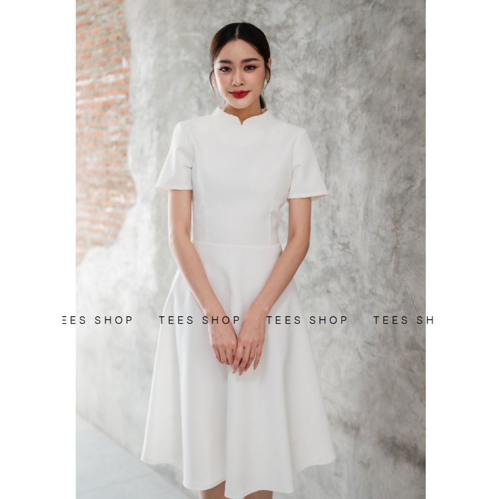 เดรสขาวสุภาพ TEESBRAND Q1612 ทรงบานคอจีน มีซับใน ไซส์ SS-2XL ดูแพง พร้อมส่ง มุมมองที่ 2