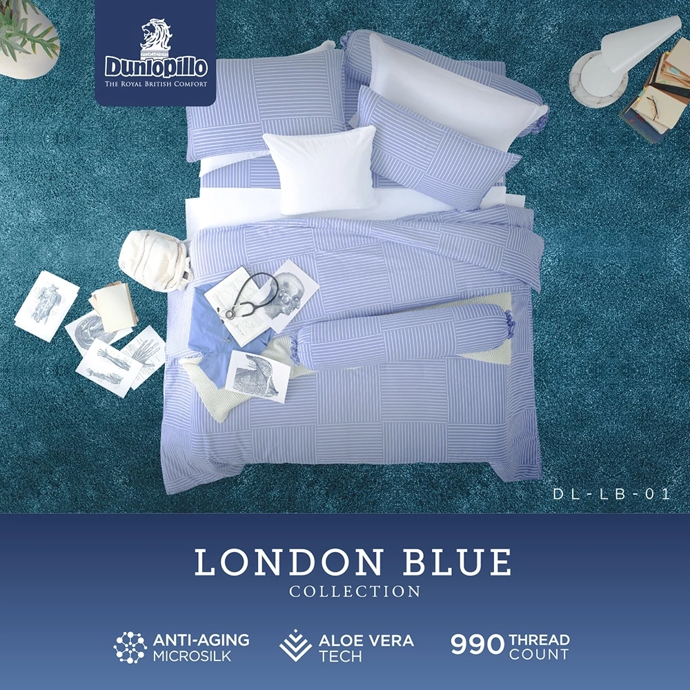 Dunlopillo ชุดผ้าปูที่นอน รุ่น London Blue ผ้า MicroSilk ทอแน่น 990 เส้น ถนอมผิว ระบายอากาศดี สีฟ้าเรียบหรู